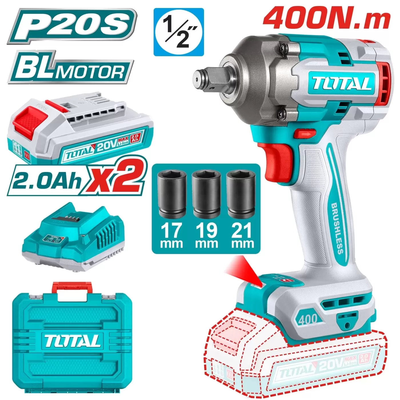 Li-ion akkus ütvecsavarozó 400Nm/1/2″/ INDUSTRIAL (SET Akkumulátor 2x2Ah, Töltő, Koffer)