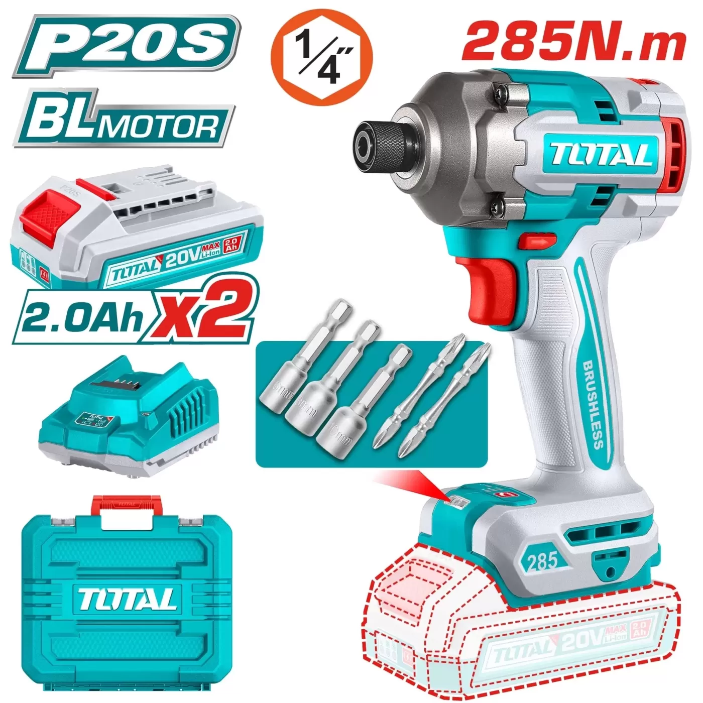 Akkus ütvecsavarozó 285Nm/6,35mm/ INDUSTRIAL (SET Akkumulátor 2x2Ah, Töltő4A, Táska)