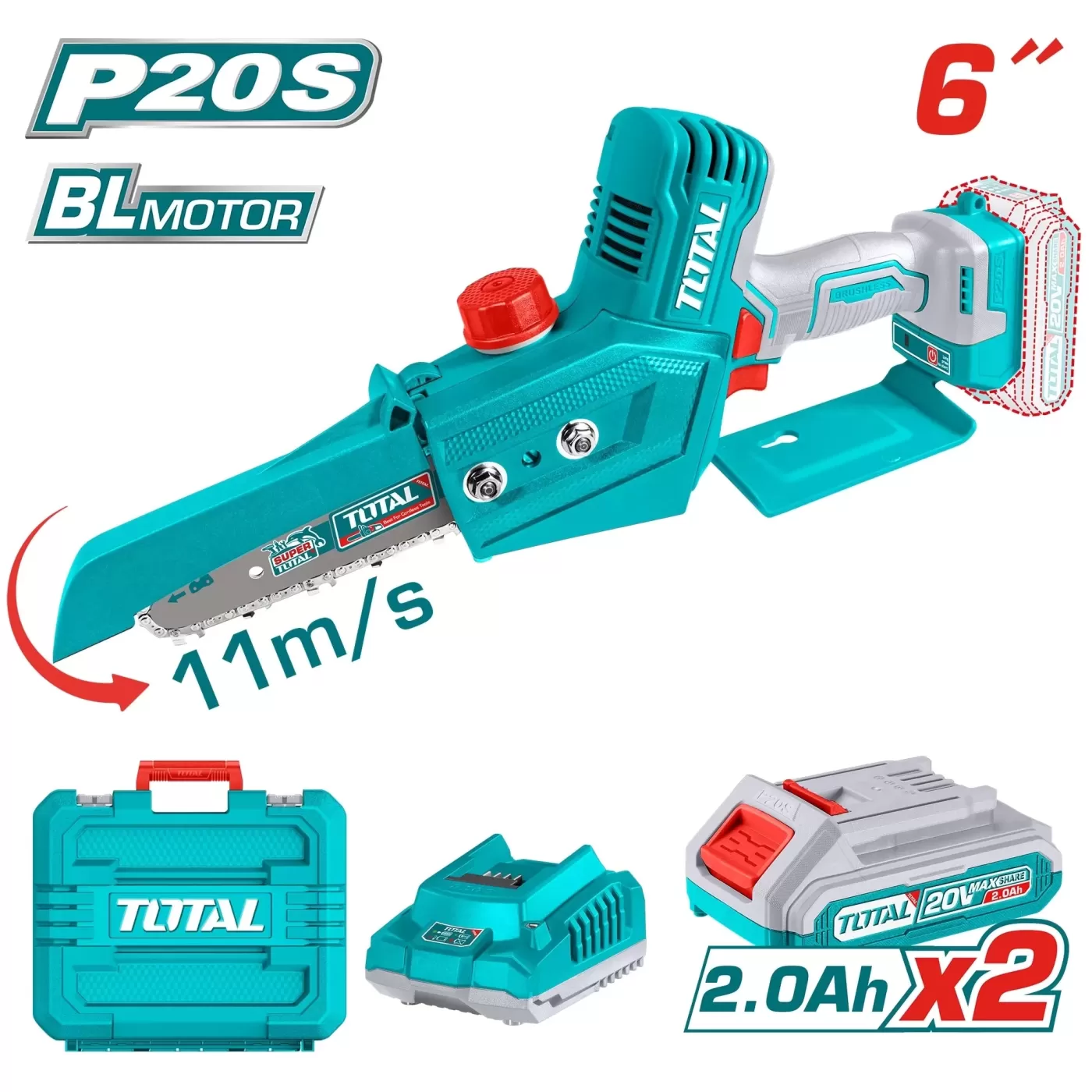 Akkus mini láncfűrész 150mm, 20V/2.0Ah-7.5Ah/P20S / INDUSTRIAL (SET Akkumulátor 2x2Ah, Töltő, Koffer)