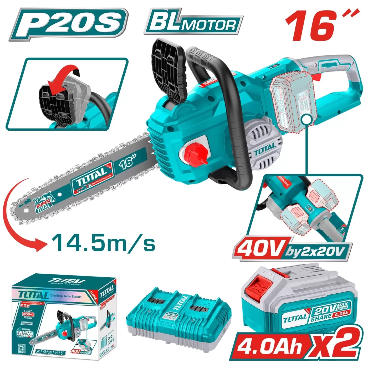 Akkus láncfűrész 20V/14,5m/s/ 400mm/P20S/ INDUSTRIAL (SET Akkumulátor 2x4Ah, Töltő)