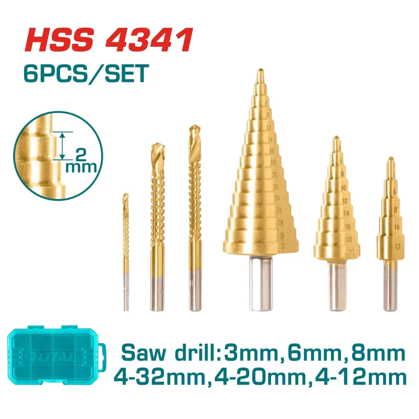 6db-os lépcsős fúró és fúrókészlet HSS 4341/ INDUSTRIAL