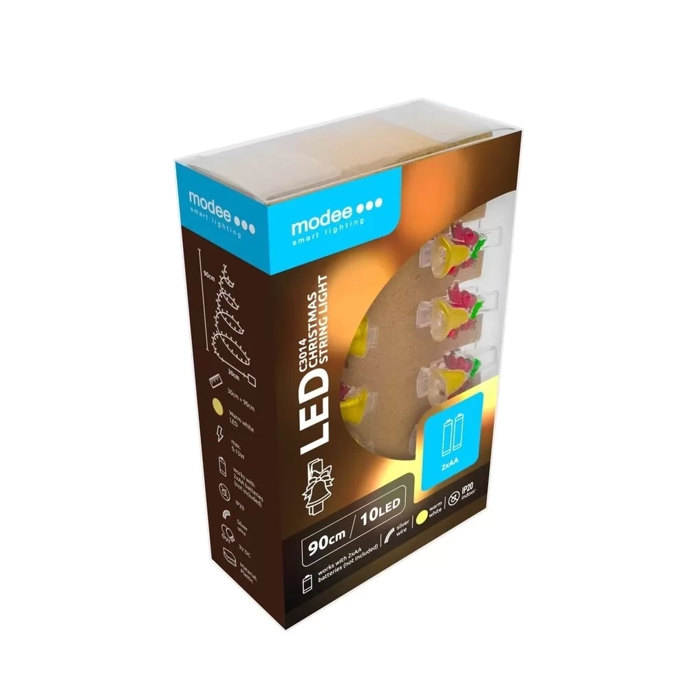 Modee Karácsonyi LED Füzér Dekor Elemes + Csipesz C3014 (10LED/90cm/10cm) warm