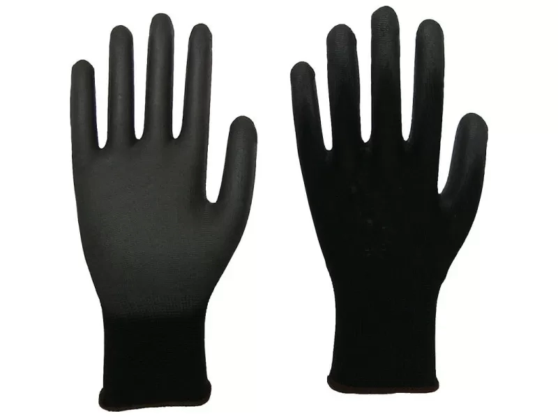 Tenyéren és ujjvégeken mártott PU kesztyű, méret: S (7), fekete